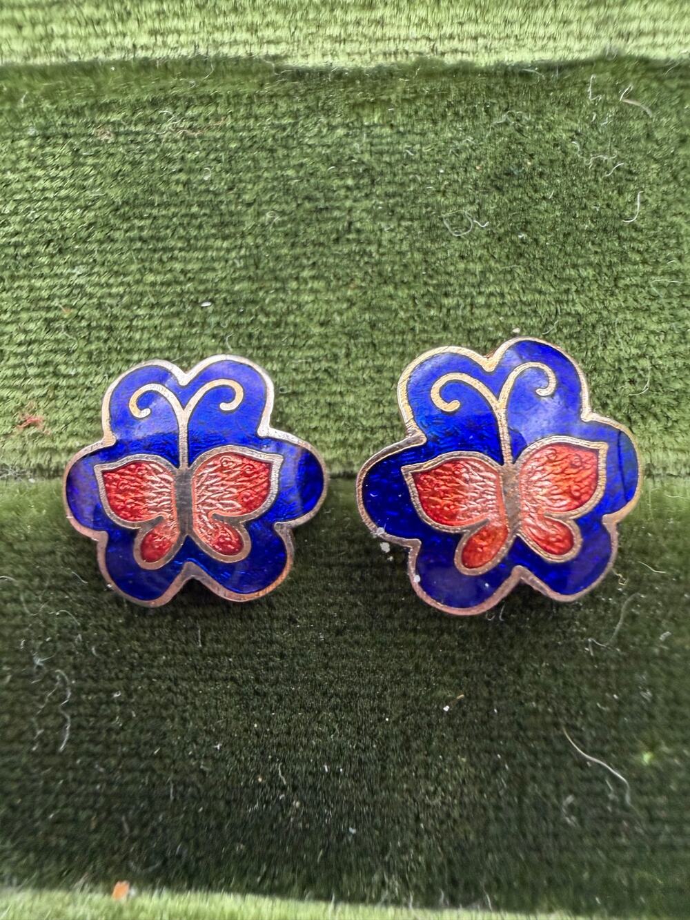 vintage cloisonné enamel earrings featuring a butterfly and floral clover design